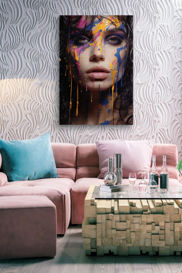 Saçlarındn Rengarenk Boyalar Akan Kadın Yağlı Kanvas Tablo - Resim 7