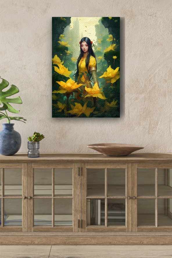 Sarı Çiçekler Arasındaki Uzak Doğulu Kız Yağlı Kanvas Tablo ürün görseli