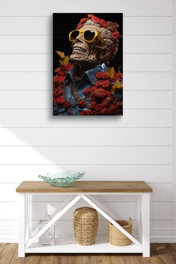 Kırmızı Çiçekler İçerisindeki Gülen Kuru Kafa Yağlı Kanvas Tablo - Resim 2