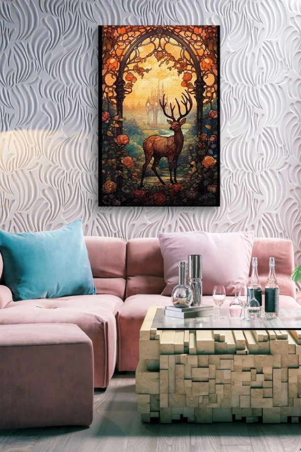 Çiçekler ve Kubizm Geyik Yağlı Kanvas Tablo - Resim 7