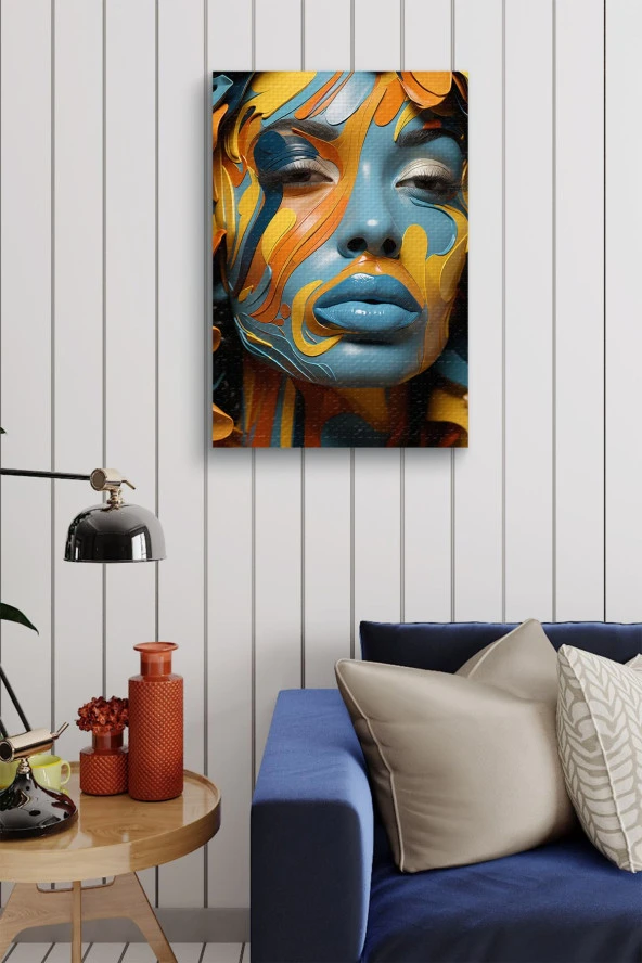 Turuncu Mavi Boyalar İçerisindeki Kadın Yağlı Kanvas Tablo - Resim 3