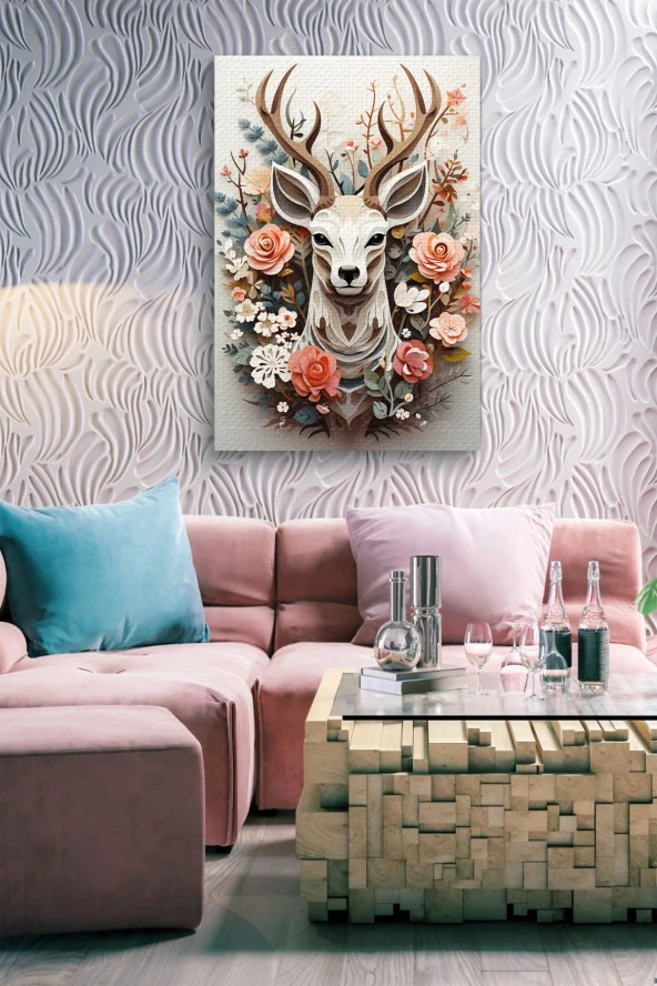 Beyaz Arka Planlı Çiçekler İçerisindeki Geyik Yağlı Kanvas Tablo - Resim 5