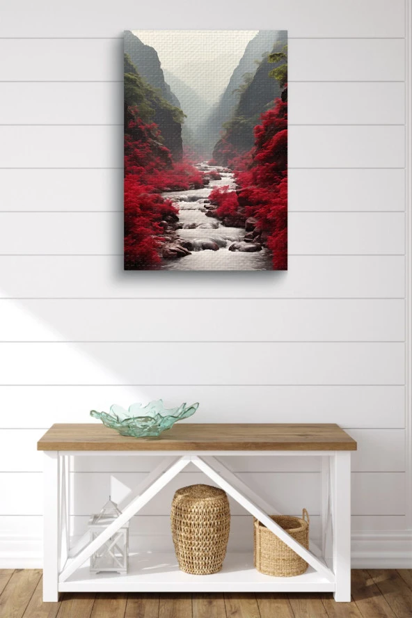 Kırmızı Çiçekler Arasındaki Akarsu Yağlı Kanvas Tablo - Resim 2