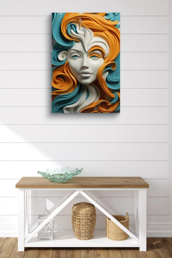Turuncu-Mavi Saçlı Beyaz Kadın Yağlı Kanvas Tablo - Resim 2