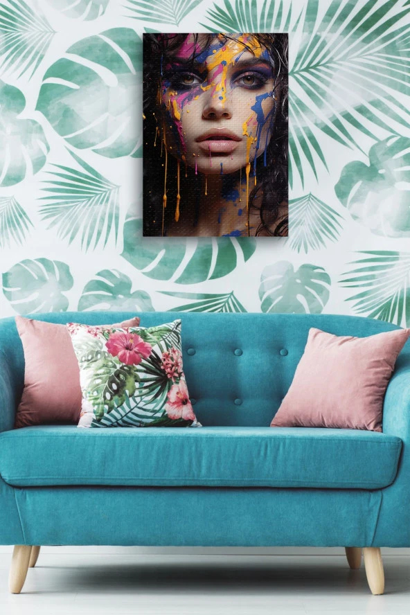 Saçlarındn Rengarenk Boyalar Akan Kadın Yağlı Kanvas Tablo - Resim 5