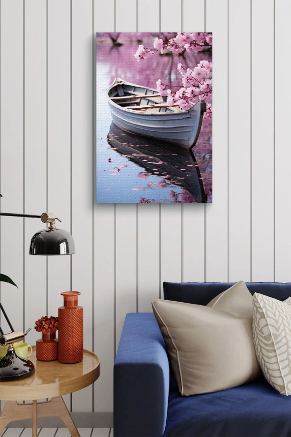 Pembe Çiçek Detaylı Kayık Yağlı Kanvas Tablo - Resim 4