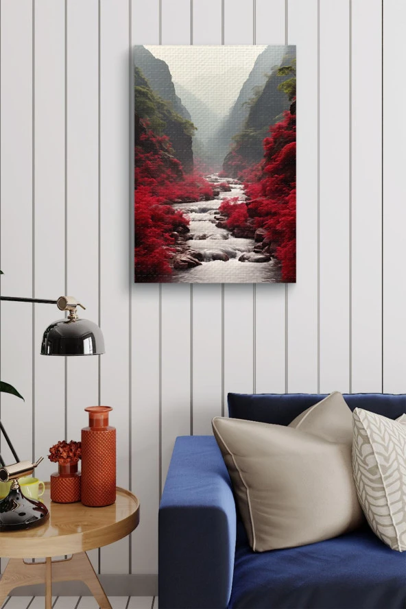 Kırmızı Çiçekler Arasındaki Akarsu Yağlı Kanvas Tablo - Resim 4