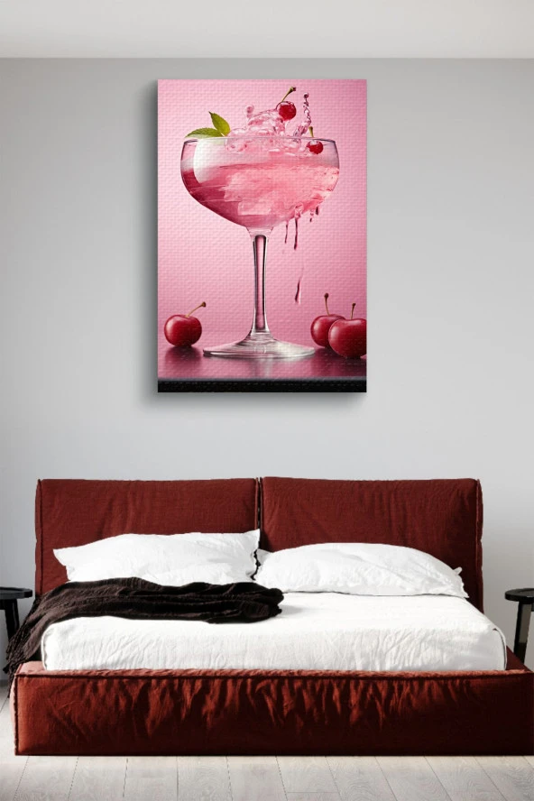 Pembe Kiraz Detaylı Kokteyl Yağlı Kanvas Tablo - Resim 3