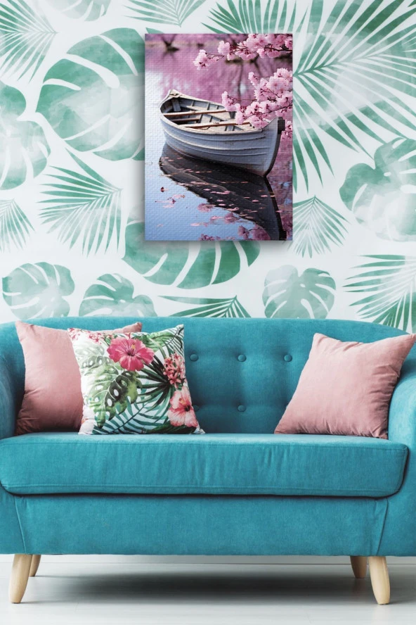 Pembe Çiçek Detaylı Kayık Yağlı Kanvas Tablo - Resim 5