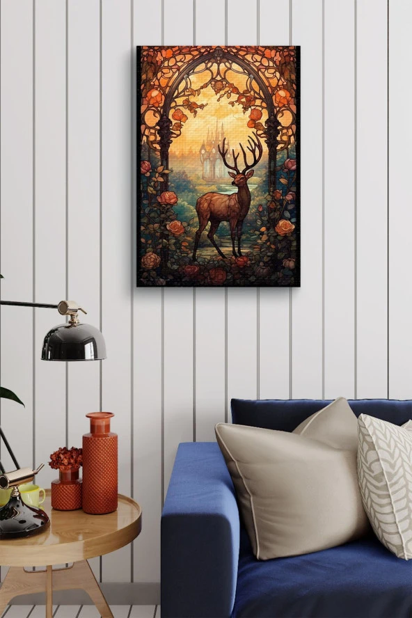 Çiçekler ve Kubizm Geyik Yağlı Kanvas Tablo - Resim 4