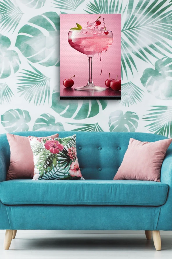 Pembe Kiraz Detaylı Kokteyl Yağlı Kanvas Tablo - Resim 5