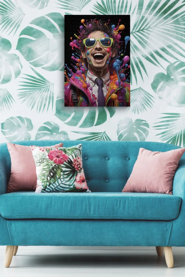 Rengarenk Boyalar İçerisindeki Gülen Adam Yağlı Kanvas Tablo - Resim 5