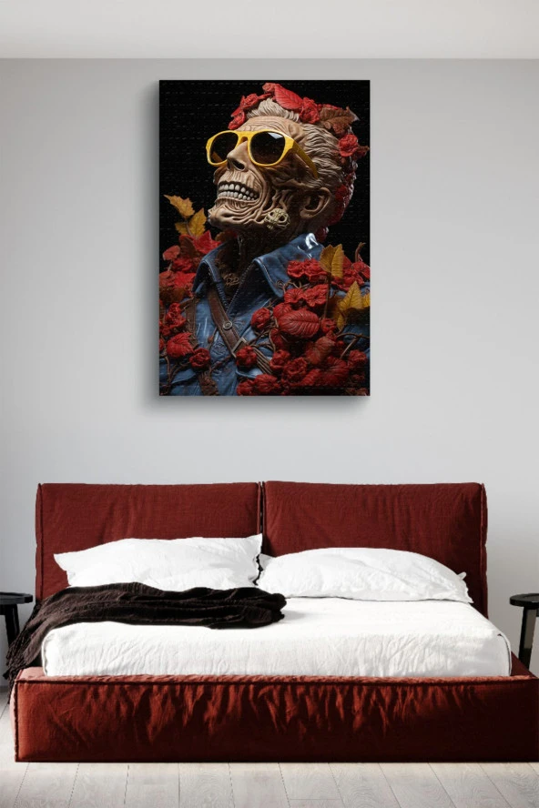 Kırmızı Çiçekler İçerisindeki Gülen Kuru Kafa Yağlı Kanvas Tablo - Resim 3