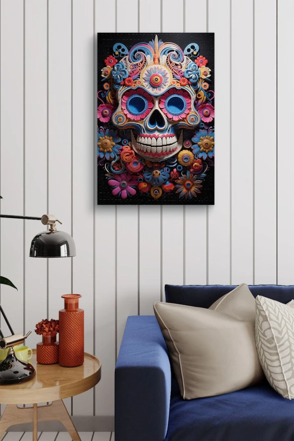 Rengarenk Boyalar İçerisindeki Kuru Kafa Yağlı Kanvas Tablo - Resim 4