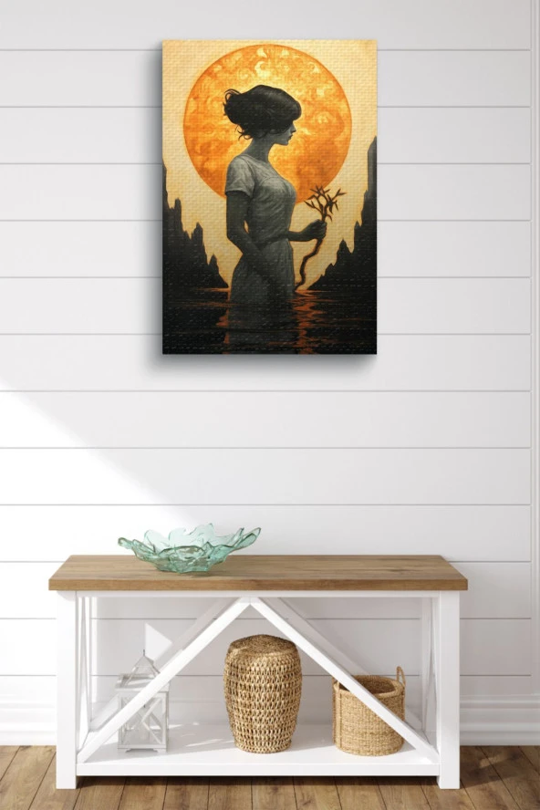 Deniz İçerisinde Dal Tutan Kadın Yağlı Kanvas Tablo - Resim 2