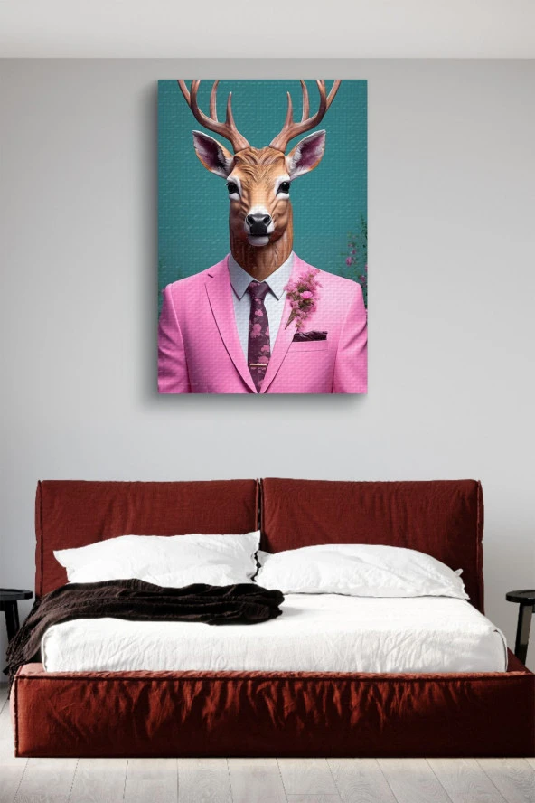Pembe Takım Elbiseli Geyik Yağlı Kanvas Tablo - Resim 3