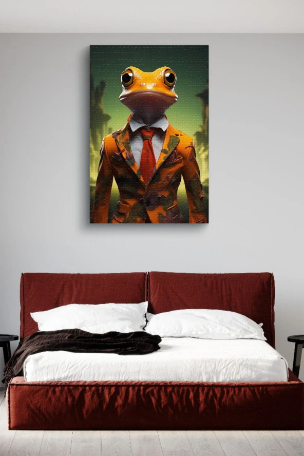 Kıyafet Giymiş Sarı Kurbağa Yağlı Kanvas Tablo - Resim 3