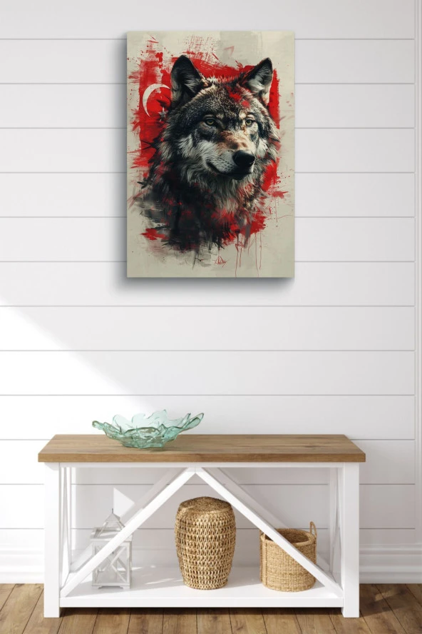 Türk Bayrağı Detaylı İri Kurt Yağlı Kanvas Tablo - Resim 2