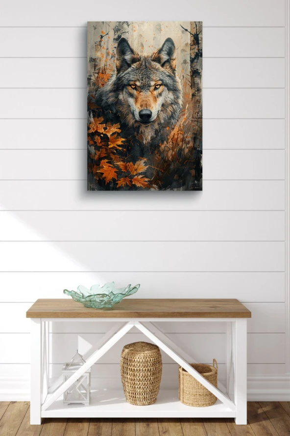 Yapraklar Arasındaki Yalnız Kurt Yağlı Kanvas Tablo - Resim 2