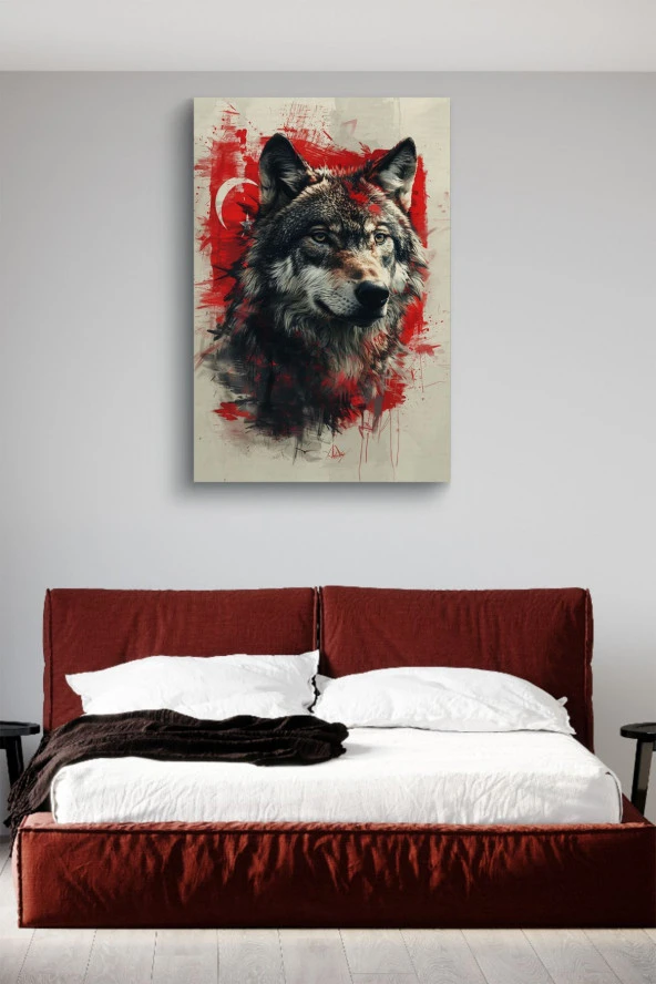 Türk Bayrağı Detaylı İri Kurt Yağlı Kanvas Tablo - Resim 3