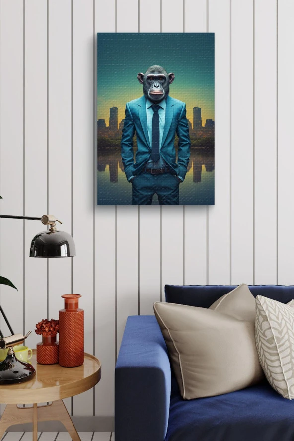 Takım Elbiseli Maymun Metropol Yağlı Kanvas Duvar Tablosu - Resim 4