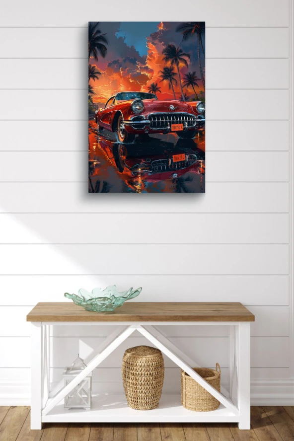 Gün Batımı Detaylı Retro Araba Yağlı Kanvas Tablo ürün görseli
