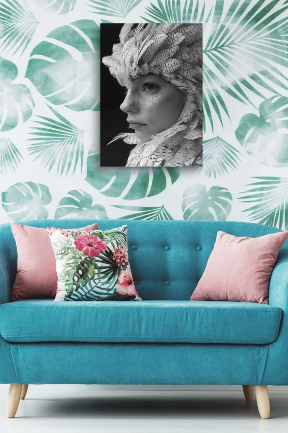 Kuş Tüyü Detaylı Siyah Beyaz Kız Portresi Yağlı Kanvas Tablo - Resim 5