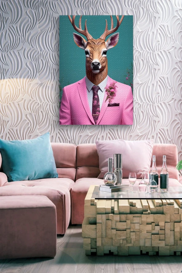 Pembe Takım Elbiseli Geyik Yağlı Kanvas Tablo - Resim 7