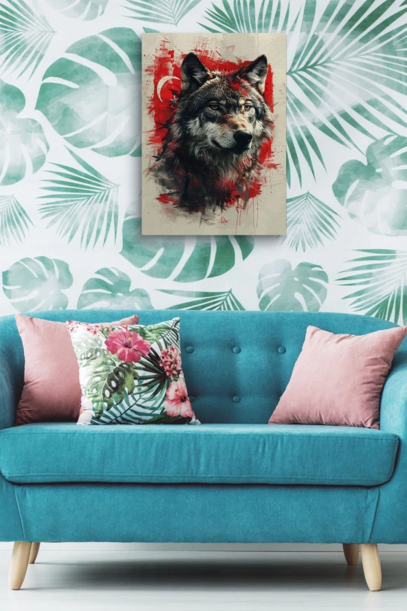 Türk Bayrağı Detaylı İri Kurt Yağlı Kanvas Tablo - Resim 5