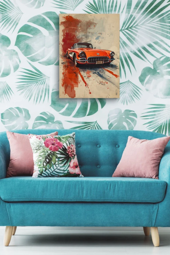 Turuncu Klasik Retro Araba Kanvas Tablo - Resim 5