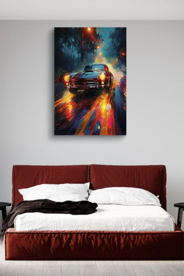 Gece Işıkları Detaylı Retro Araba Yağlı Kanvas Tablo - Resim 3