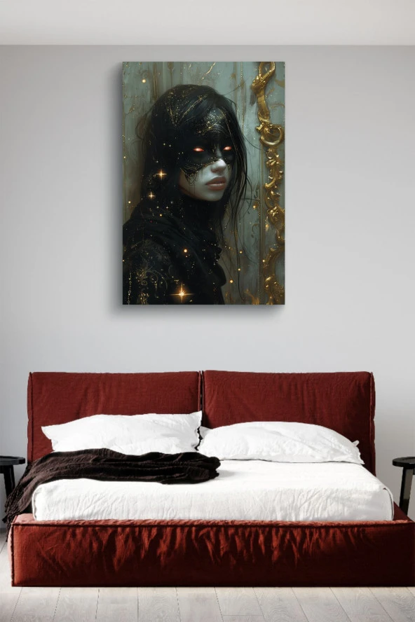 Modernist Maskeli Sanatsal Kadın Portre Yağlı Kanvas Tablo - Resim 3