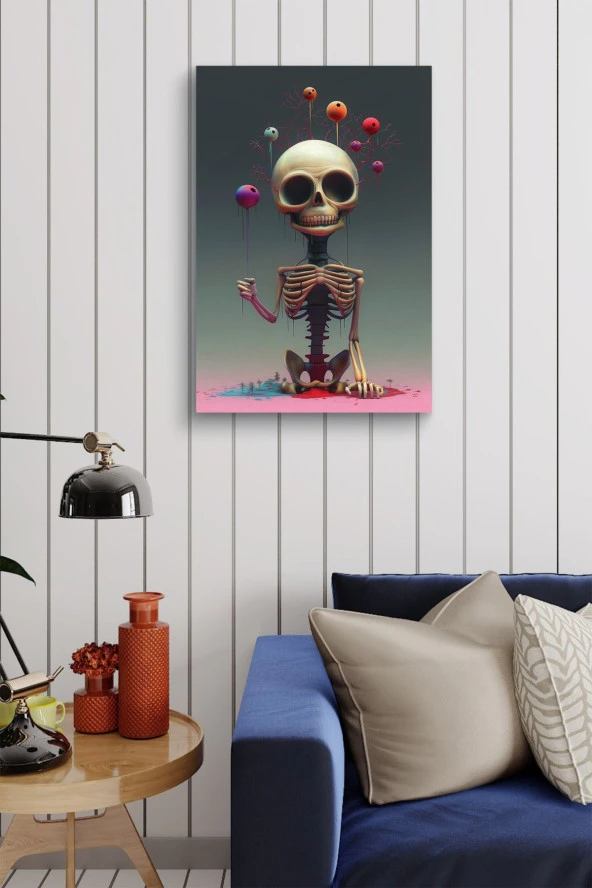 Balonlu Kemikten Mutlu İskelet Yağlı Kanvas Tablo - Resim 4