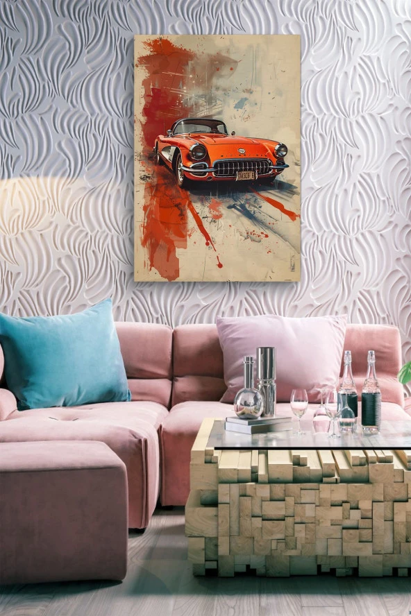 Turuncu Klasik Retro Araba Kanvas Tablo - Resim 7