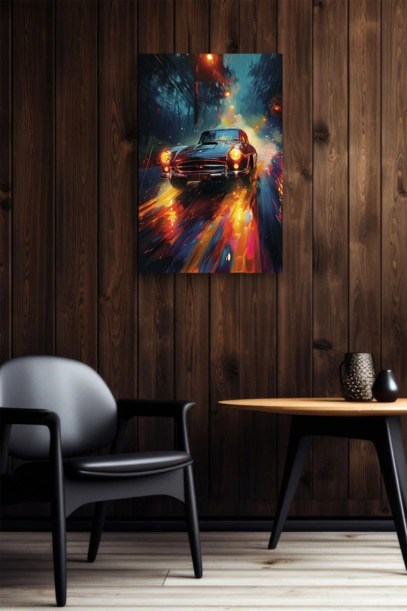 Gece Işıkları Detaylı Retro Araba Yağlı Kanvas Tablo - Resim 5