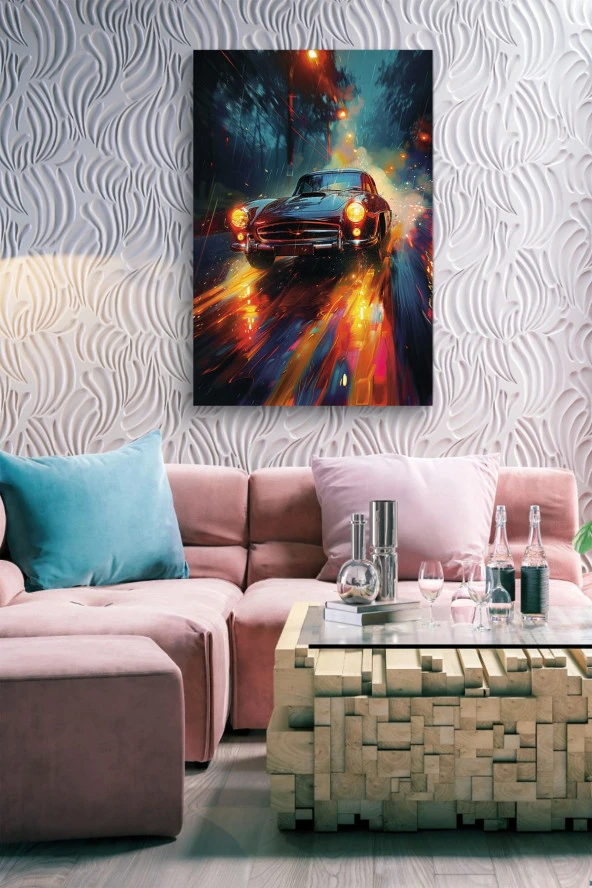 Gece Işıkları Detaylı Retro Araba Yağlı Kanvas Tablo - Resim 6