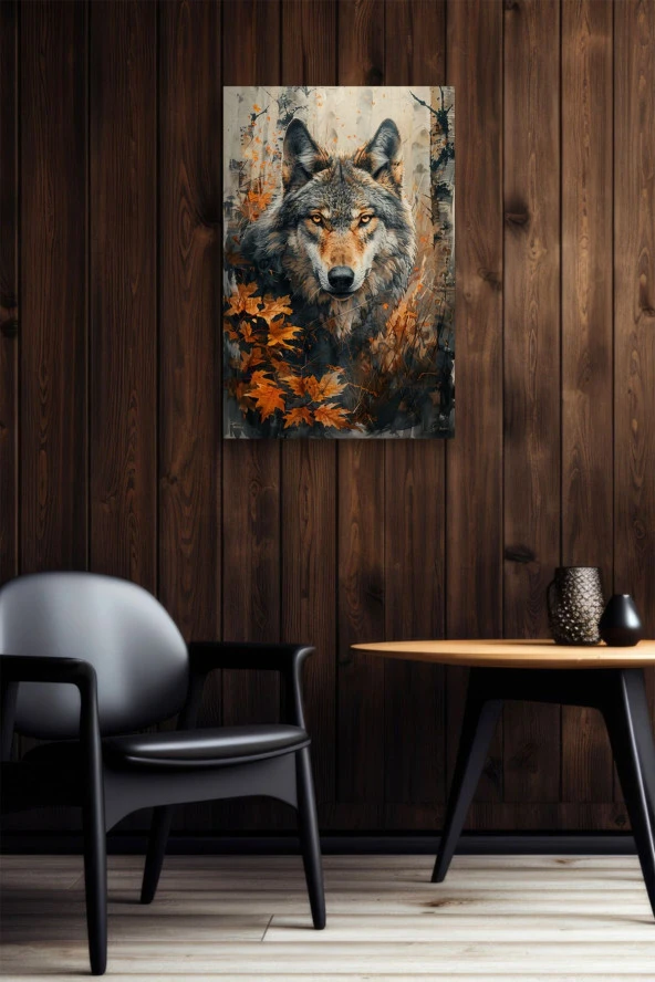 Yapraklar Arasındaki Yalnız Kurt Yağlı Kanvas Tablo - Resim 6