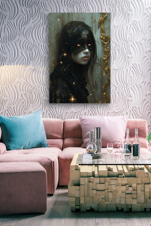 Modernist Maskeli Sanatsal Kadın Portre Yağlı Kanvas Tablo - Resim 7