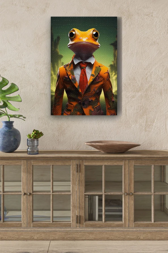Kıyafet Giymiş Sarı Kurbağa Yağlı Kanvas Tablo ürün görseli
