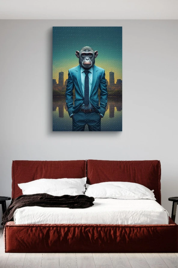 Takım Elbiseli Maymun Metropol Yağlı Kanvas Duvar Tablosu - Resim 3