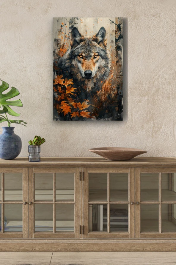 Yapraklar Arasındaki Yalnız Kurt Yağlı Kanvas Tablo ürün görseli