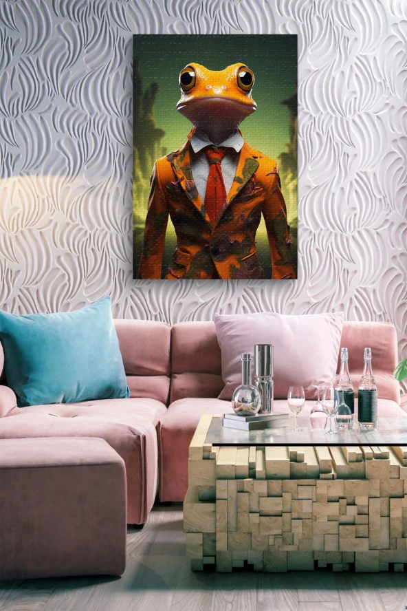 Kıyafet Giymiş Sarı Kurbağa Yağlı Kanvas Tablo - Resim 7