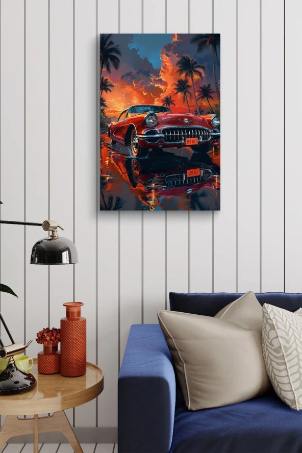 Gün Batımı Detaylı Retro Araba Yağlı Kanvas Tablo - Resim 3