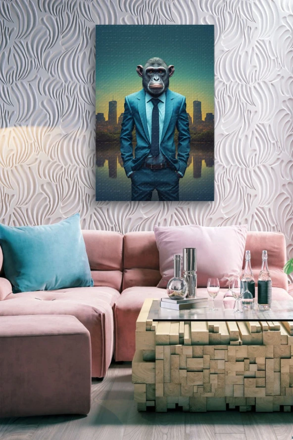 Takım Elbiseli Maymun Metropol Yağlı Kanvas Duvar Tablosu - Resim 7