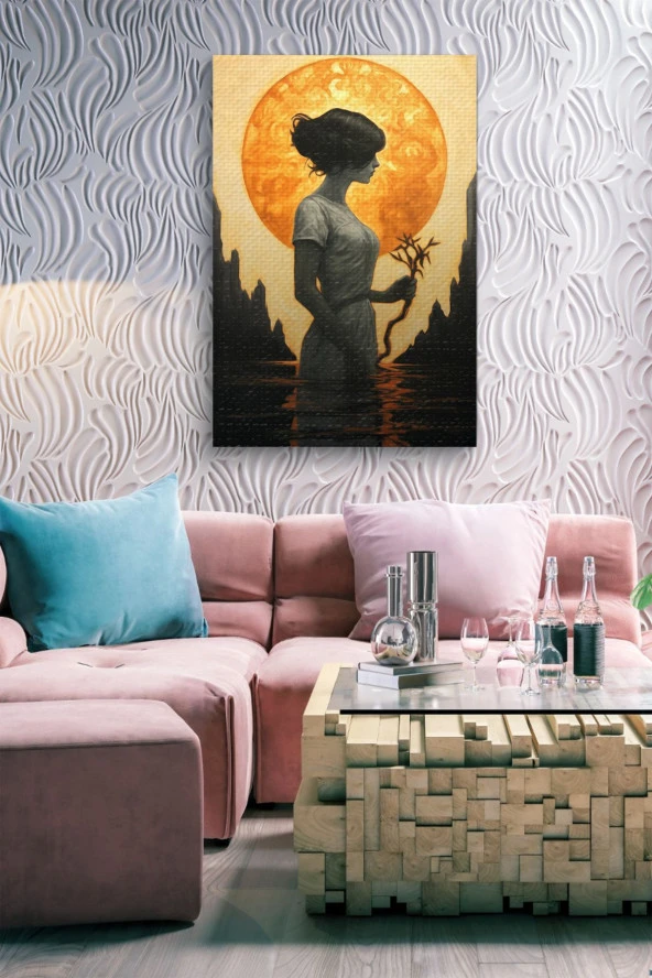 Deniz İçerisinde Dal Tutan Kadın Yağlı Kanvas Tablo - Resim 3