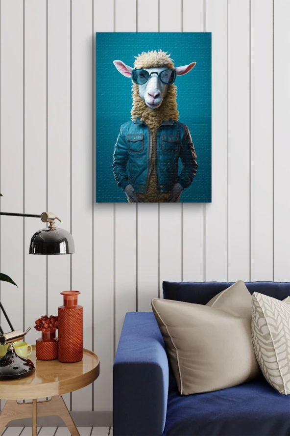 Modernist Mavi Deri Ceket Giymiş Koyun Yağlı Kanvas Tablo - 4