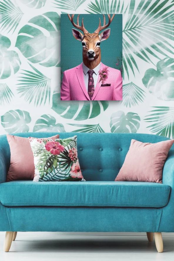 Pembe Takım Elbiseli Geyik Yağlı Kanvas Tablo - Resim 5