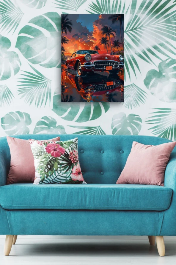 Gün Batımı Detaylı Retro Araba Yağlı Kanvas Tablo - Resim 4