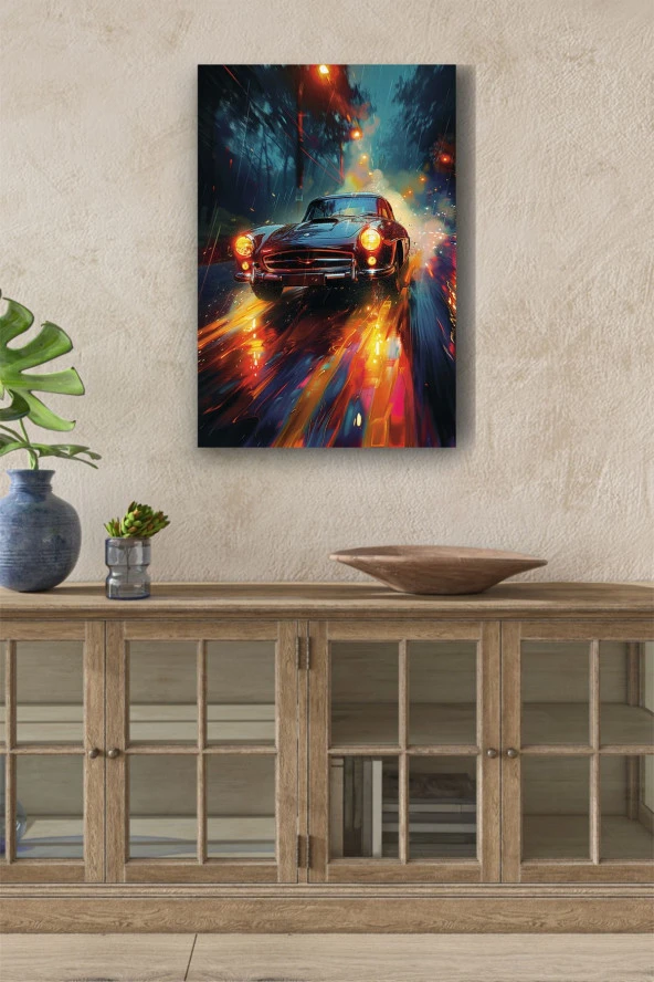 Gece Işıkları Detaylı Retro Araba Yağlı Kanvas Tablo ürün görseli