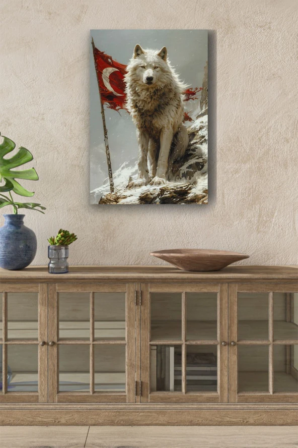 Arkasında Türk Bayraklı Beyaz Kurt Yağlı Kanvas Tablo ürün görseli